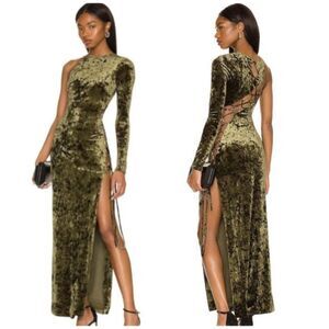 Camila Coelho Green Velvet Lace Up Cutout One Shoulder Maxi Dress XS NWT